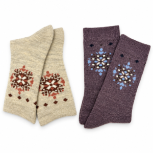 Calcetín de lana Laponia con copo de nieve en beige y morado